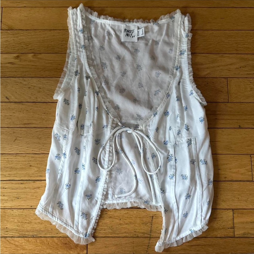 Princess Polly White Tank with Blue Floral Tie Front